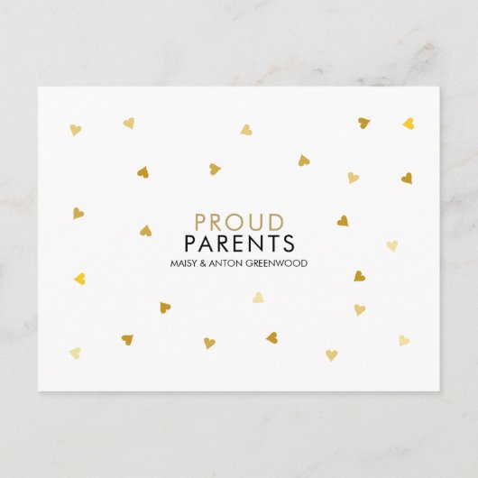 Baby Foto elegante Script Goud Hartjes Geboorte Aankondigingskaart (Achterkant)