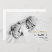 Baby Foto Elegante Script Gouden Liefdesharten Geb Aankondiging (Voorkant / Achterkant)