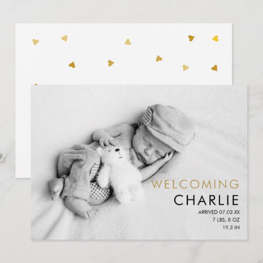 Baby Foto Elegante Script Gouden Liefdesharten Geb Aankondiging (Voorkant / Achterkant)