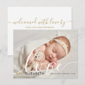 Baby Foto Elegante Script Liefde Bedankt Geboorte Aankondigingskaart (Voorkant / Achterkant)