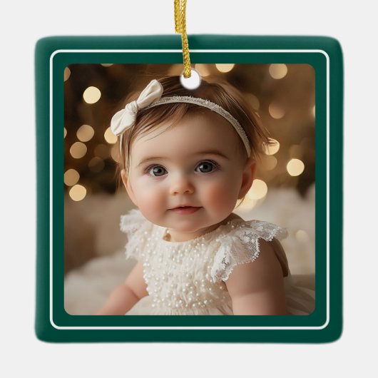 Baby Foto Emerald Green Modern Kerstscript Keramisch Ornament (Voorkant)