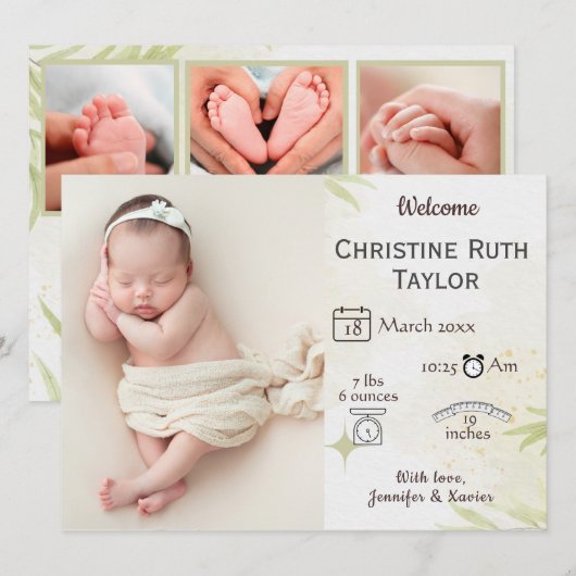 Baby Foto- en gouden bladeren - bekendmakingskaart (Voorkant / Achterkant)
