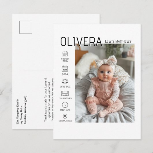 Baby Foto en statistieken Aankondigingskaart (Voorkant / Achterkant)