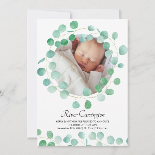 Baby Foto Eucalyptus Greenery Unisex Birth Aankondiging (Voorkant)