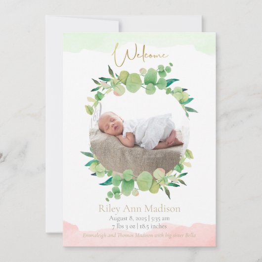 Baby Foto Eucalyptus Modern Birth Aankondiging (Voorkant)