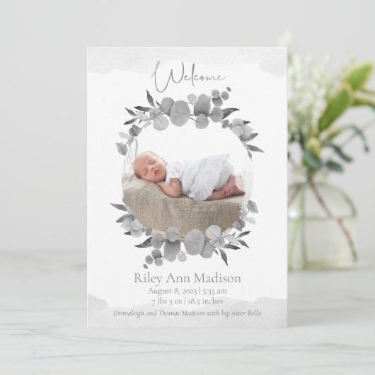Baby Foto Eucalyptus Modern Gray Aankondiging (Staand voorkant)