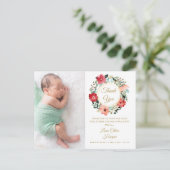 Baby Foto Floral Garland Gold Dank je wel Aankondigingskaart (Staand voorkant)