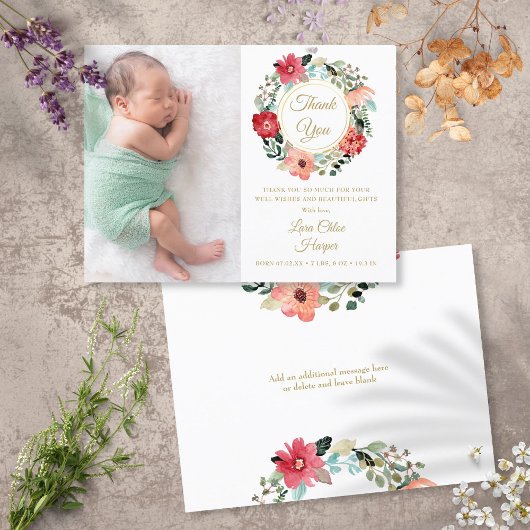 Baby Foto Floral Garland Gold Dank je wel Aankondigingskaart