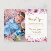 Baby Foto Floral Script Dank u geboorte Aankondigingskaart (Voorkant)