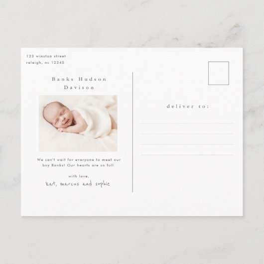 Baby Foto geboorte van moderne naam Aankondigingskaart (Achterkant)