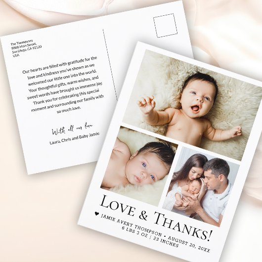 Baby Foto Geboorteaankondiging Liefde en Bedankt Briefkaart
