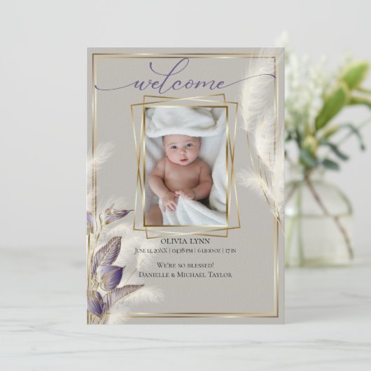 Baby Foto geboorteaankondiging Pampas Grass Kaart (Staand voorkant)