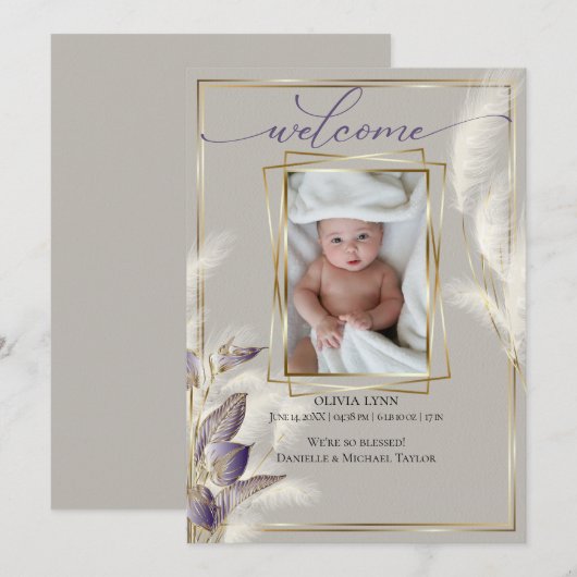 Baby Foto geboorteaankondiging Pampas Grass Kaart (Voorkant / Achterkant)