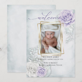 Baby Foto geboortedatum Blauw Lila Floral Kaart