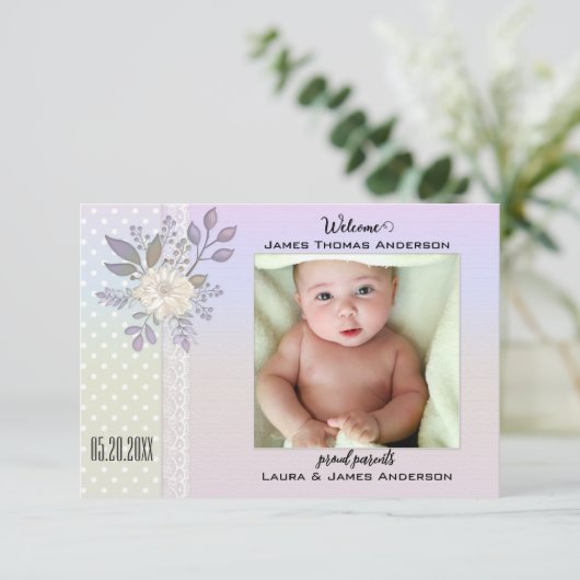 Baby foto geboortedatum foto retro Pastel Script A Bedankkaart (Staand voorkant)