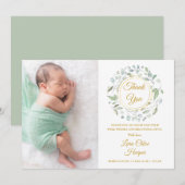 Baby Foto Goud Bedankt Groene Bloemen Geboorte Aankondiging (Voorkant / Achterkant)