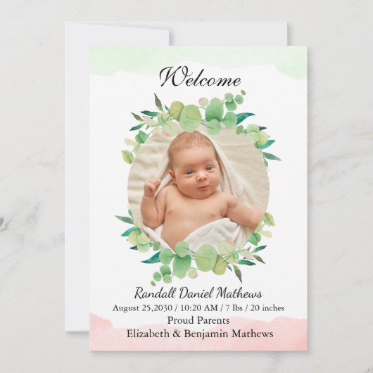 Baby Foto Greenery Modern Baby Birth Aankondiging (Voorkant)