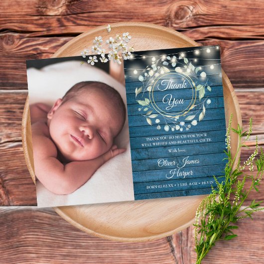 Baby Foto Greenery Rustic Blue Bedankt voor geboor Aankondigingskaart