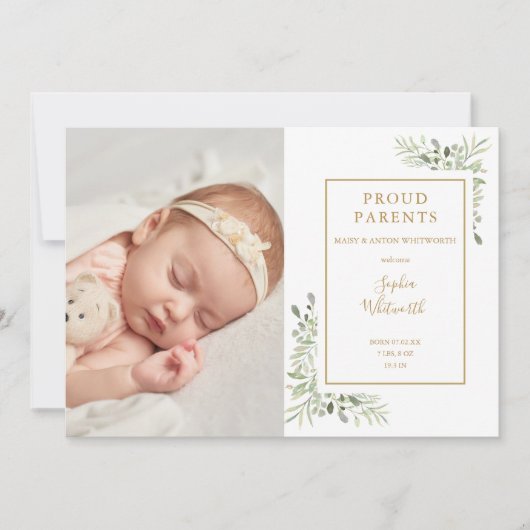 Baby Foto Greenery Script Birth Announounding Aankondiging (Voorkant)
