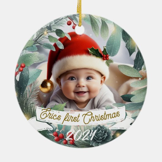 Baby Foto Kerst Mistletoe Krans Keramisch Ornament (Achterkant)