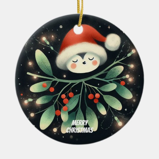 Baby Foto Kerst Mistletoe Robin Krans Keramisch Ornament (Voorkant)