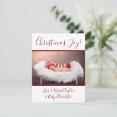 Baby Foto Kerstvreugde Met Namen Rood Feestdagenkaart (Staand voorkant)