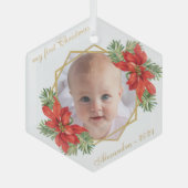 Baby Foto met eerste kerstdag Floral Gold Poinsett Glas Ornament (Voorkant)