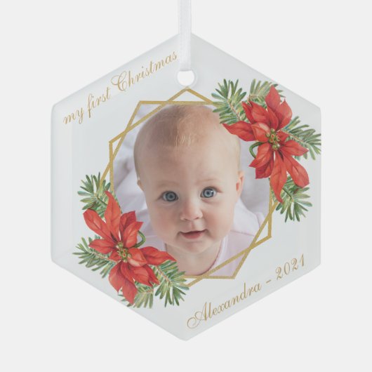 Baby Foto met eerste kerstdag Floral Gold Poinsett Glas Ornament (Voorkant)