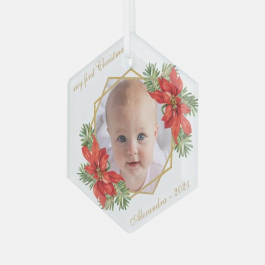 Baby Foto met eerste kerstdag Floral Gold Poinsett Glas Ornament (Voorkant links)