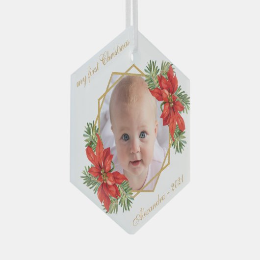 Baby Foto met eerste kerstdag Floral Gold Poinsett Glas Ornament (Voorkant Rechts)