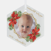 Baby Foto met eerste kerstdag Floral Gold Poinsett Glas Ornament (Achterkant)