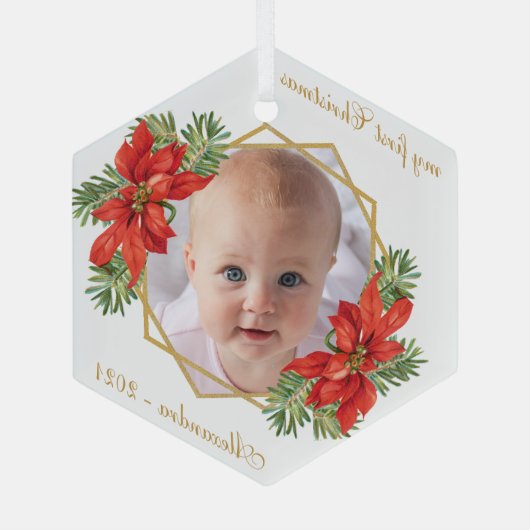 Baby Foto met eerste kerstdag Floral Gold Poinsett Glas Ornament (Achterkant)