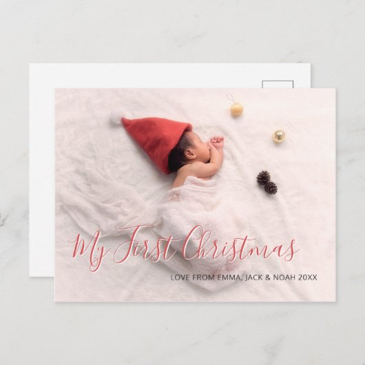 Baby Foto met eerste kerstdag Rood Script-feestdag Aankondigingskaart (Voorkant / Achterkant)