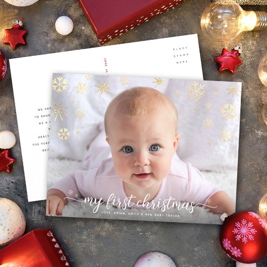 Baby Foto met eerste kerstscript Gold Snowflakes Feestdagenkaart
