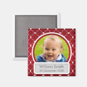 Baby Foto met Naam & Datum Quatrefoil Rood Magneet (Voorkant / Achterkant)