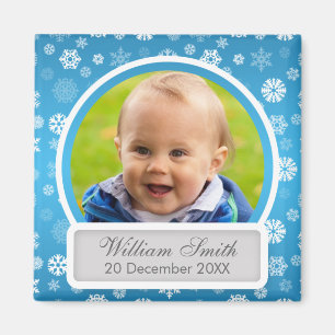 Baby foto met naam & datum winter sneeuwvlok blauw magneet