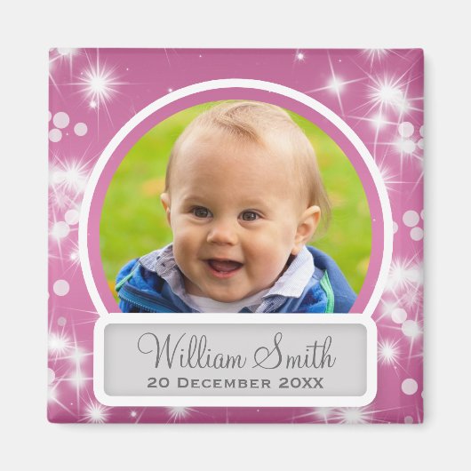 Baby Foto met naam & datum Winter Sparkle Pink Magneet (Voorkant)