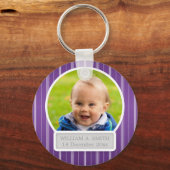 Baby Foto met naam Elegant Stripes Paars Sleutelhanger (Voorkant)