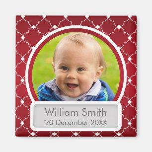 Baby Foto met naam en datum Quatrefoil Red Magneet