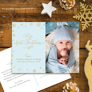 Baby Foto Mijn Eerste Kerstmis Aqua Blauwe Echte G Folie Feestdagen Briefkaart