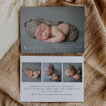 Baby Foto Modern Birth Announcement Card Aankondiging<br><div class="desc">Moderne geboorteaankondiging met een eenvoudig "welkom" aan de voorzijde en een optie voor u om uw eigen speciale drie foto's op de achterzijde te uploaden.</div>