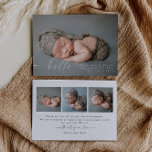 Baby Foto Modern Birth Announcement Card Aankondiging<br><div class="desc">Moderne geboorteaankondiging met een eenvoudig "welkom" aan de voorzijde en een optie voor u om uw eigen speciale drie foto's op de achterzijde te uploaden.</div>