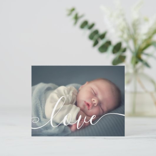 Baby Foto Moderne Elegante Script Eenvoudige Geboo Aankondigingskaart (Staand voorkant)