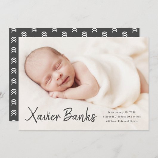 Baby foto moderne scriptnaam geboorteaankondiging kaart (Voorkant / Achterkant)
