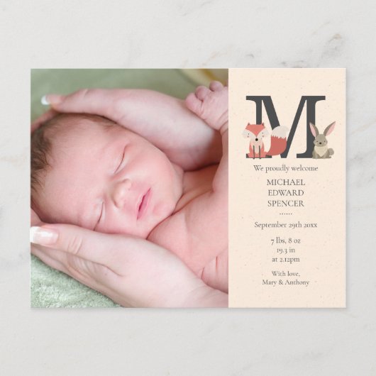 Baby Foto Monogram geboorteaankondiging Briefkaart (Voorkant)