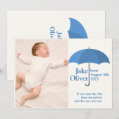 Baby foto, naam, datum, blauwe paraplu aankondigin kaart (Voorkant / Achterkant)