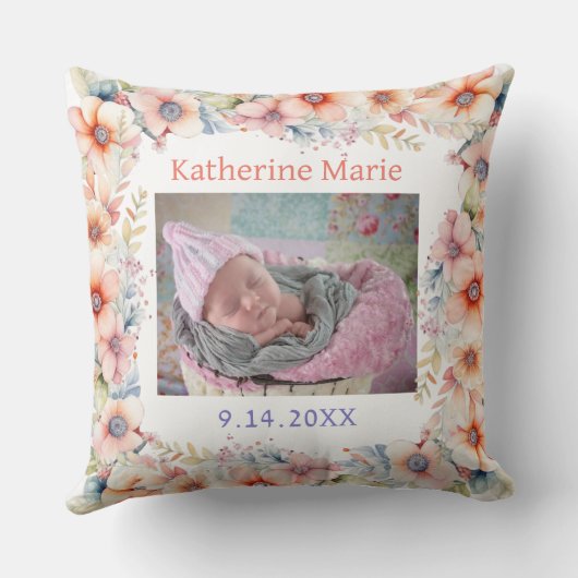 Baby Foto, Naam en Geboortedatum Olifant Thema Kussen (Achterkant)
