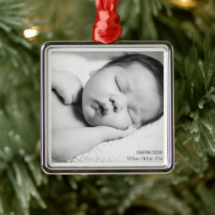 Baby Foto Naam Geboorte Stats Modern Minimalistisc Metalen Ornament
