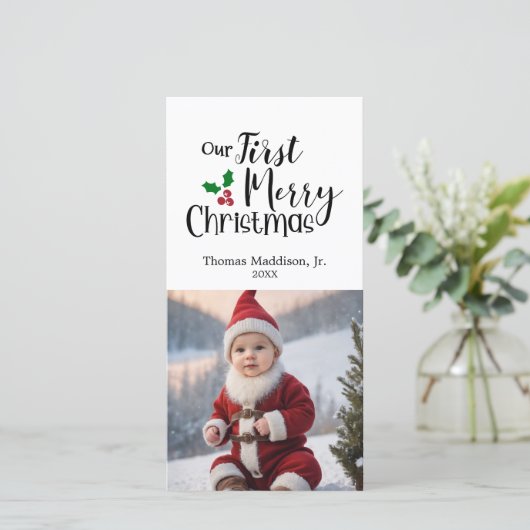 Baby Foto Onze Eerste Kerst Groet Feestdagenkaart (Staand voorkant)
