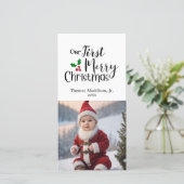 Baby Foto Onze eerste Vrolijke Kerstgroet Feestdagenkaart (Staand voorkant)